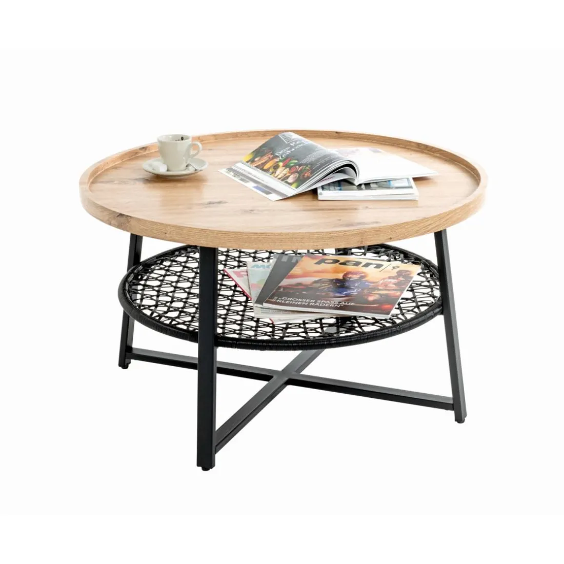 Table basse en tube plateau en MDF décor chêne
