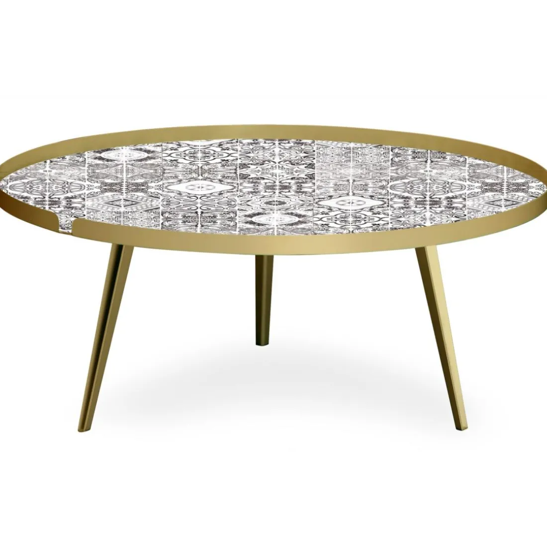 Table basse magnétique ronde à rebord Bipolart Métal Or avec 2 Tops style Natural