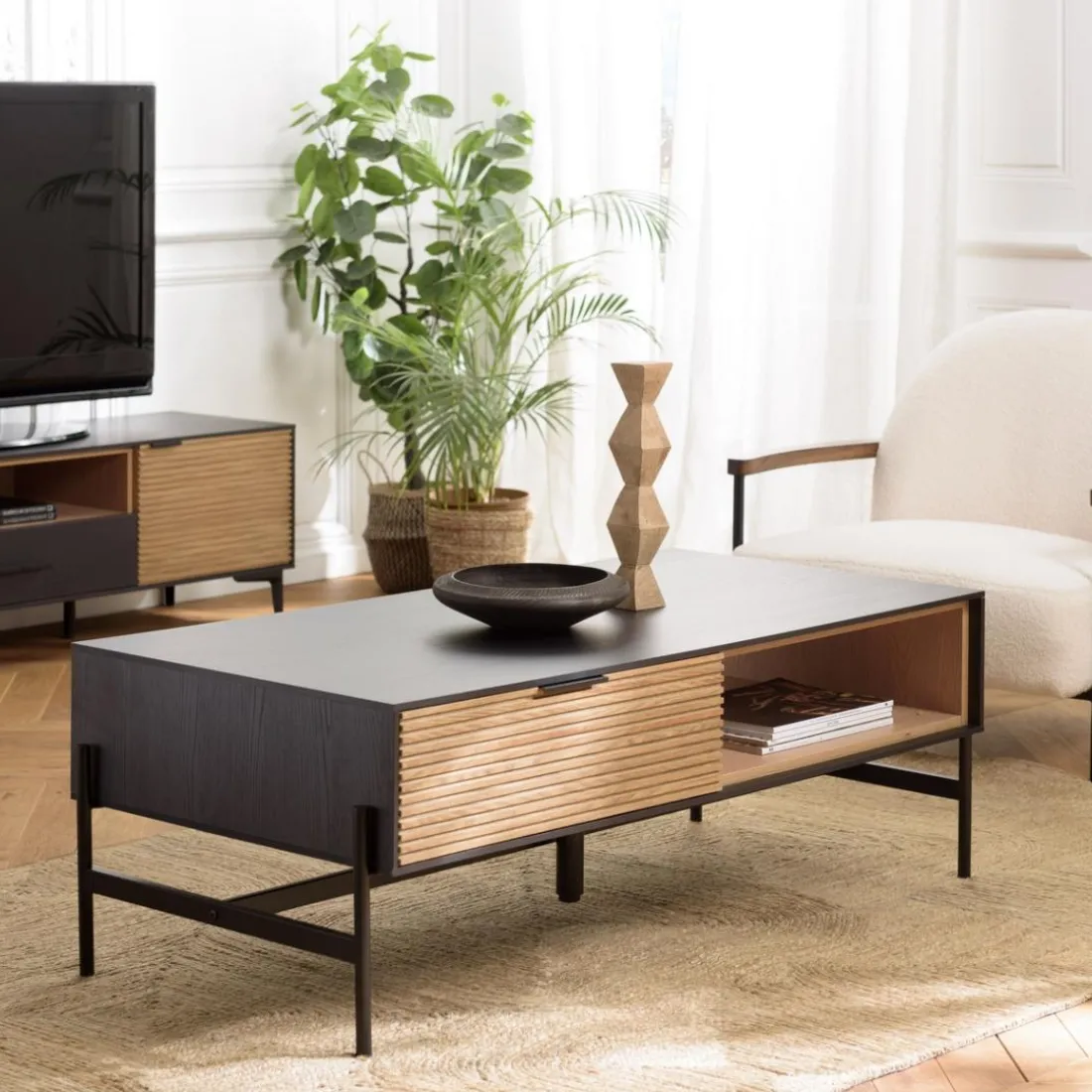 Table basse marron et noire 2 tiroirs 1 niche Pin pieds métal