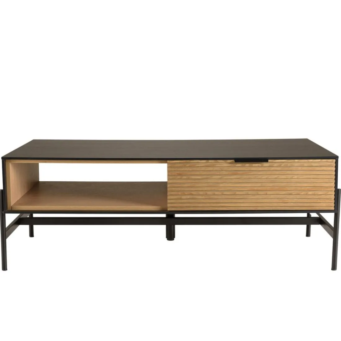Table basse marron et noire 2 tiroirs 1 niche Pin pieds métal