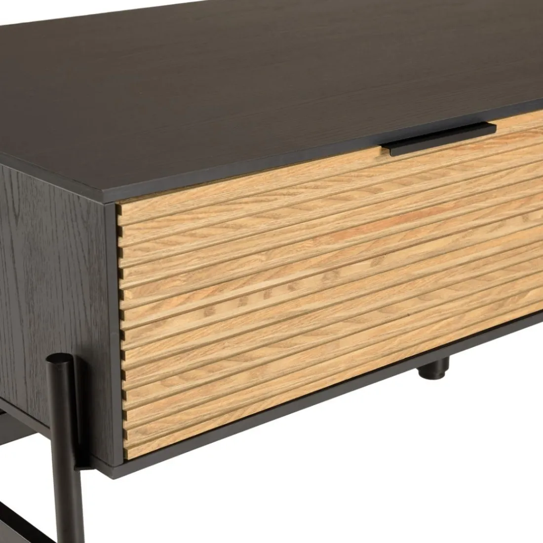 Table basse marron et noire 2 tiroirs 1 niche Pin pieds métal