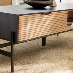 Table basse marron et noire 2 tiroirs 1 niche Pin pieds métal
