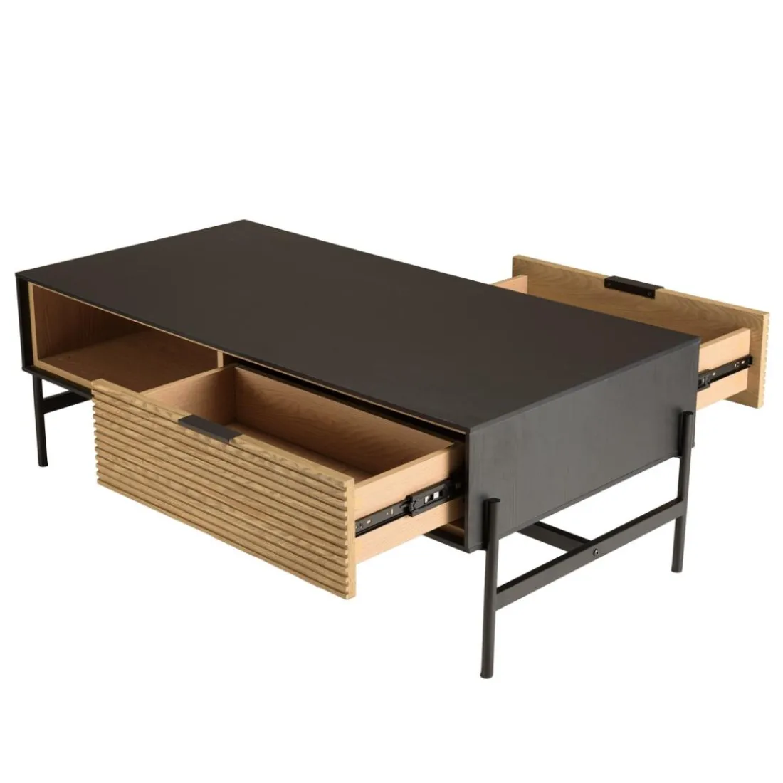 Table basse marron et noire 2 tiroirs 1 niche Pin pieds métal