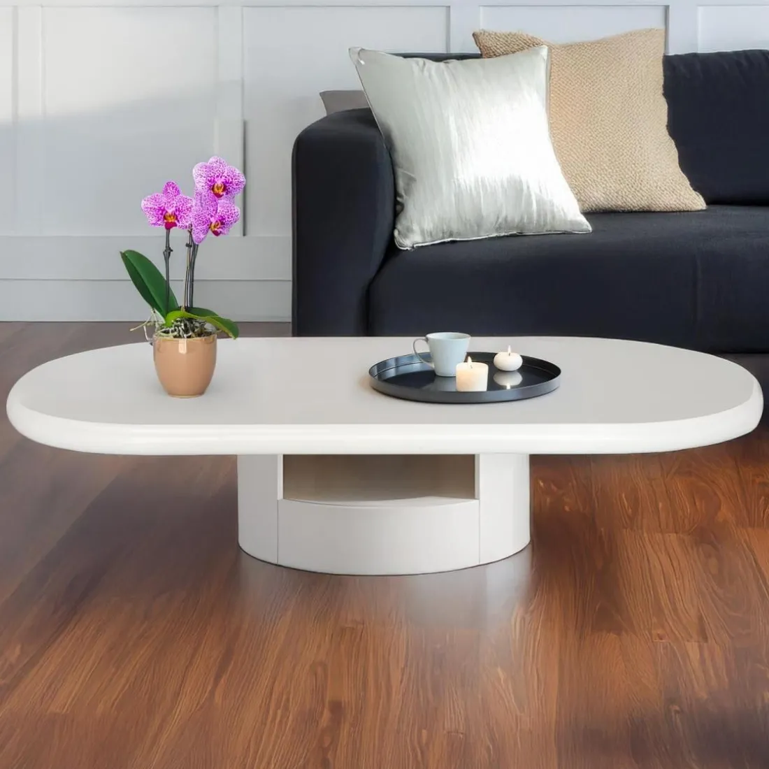Table basse ovale avec tiroirs Barket Blanc