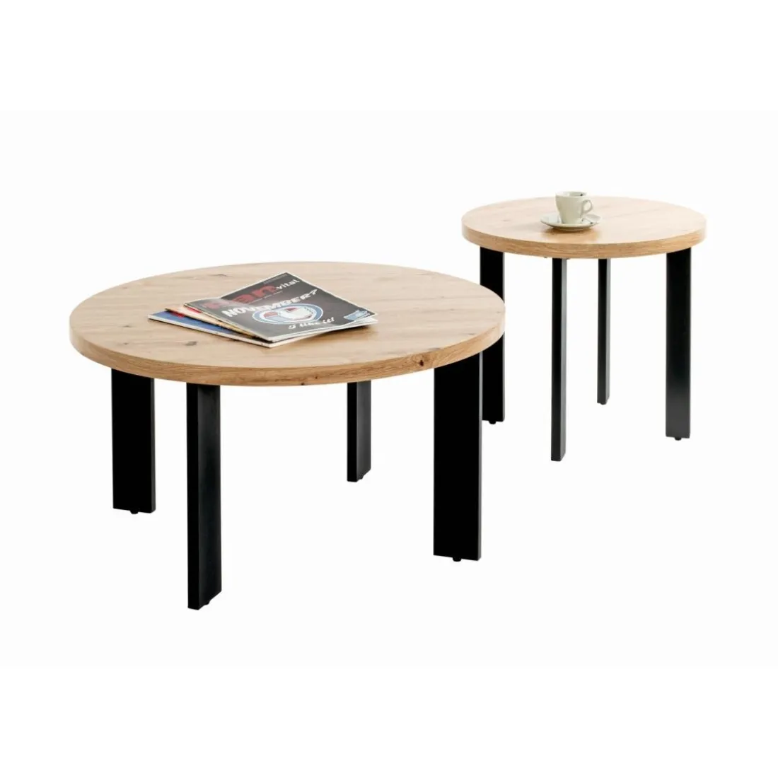 Table basse plateau en MDF décor chêne avec accents de couleur