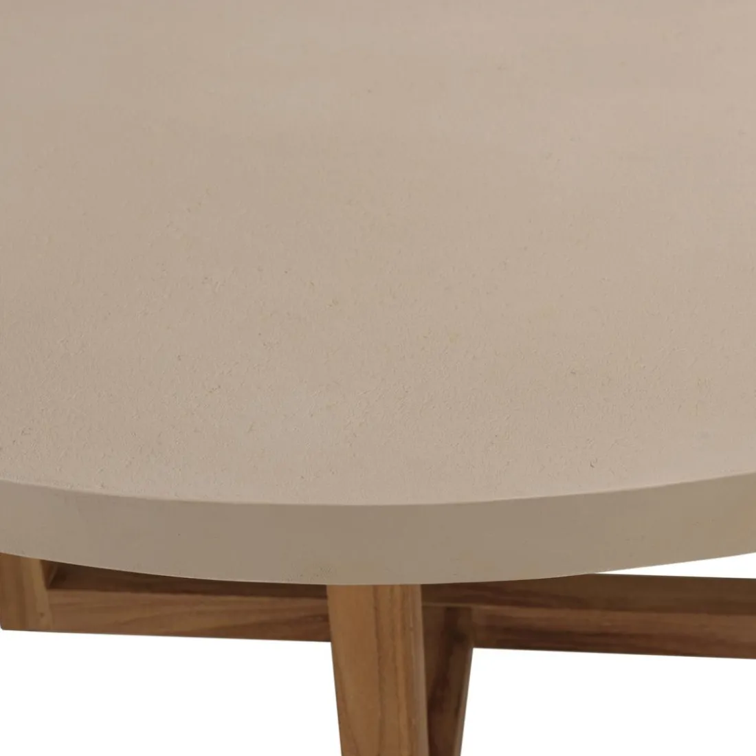 Table basse ronde en béton beige pieds croisés en teck DAK