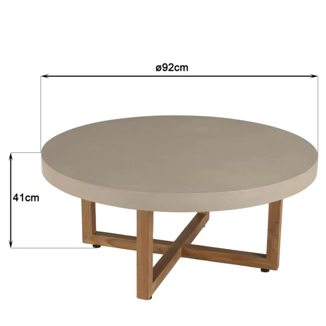 Table basse ronde en béton beige pieds croisés en teck DAK