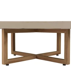 Table basse ronde en béton beige pieds croisés en teck DAK