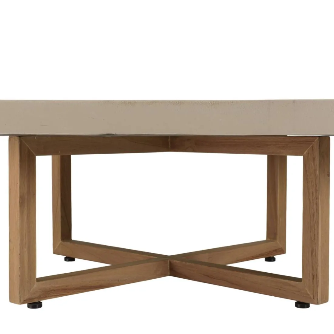 Table basse ronde en béton beige pieds croisés en teck DAK