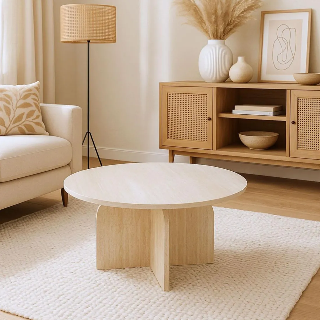Table basse ronde élégante Calyptus Effet travertin Beige