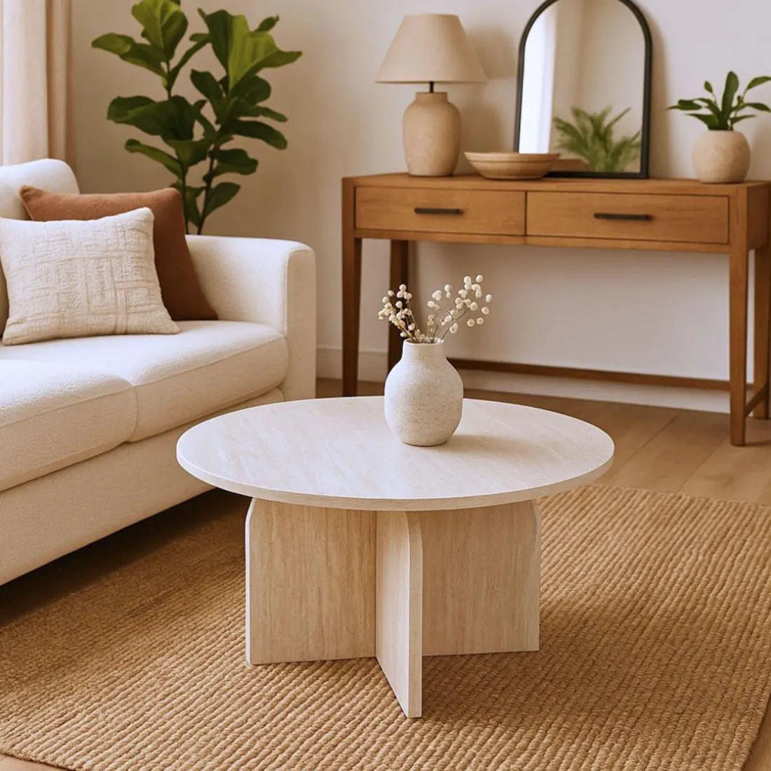 Table basse ronde élégante Calyptus Effet travertin Beige