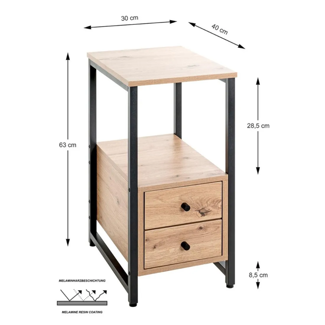 Table d'appoint avec deux tiroirs métal et bois