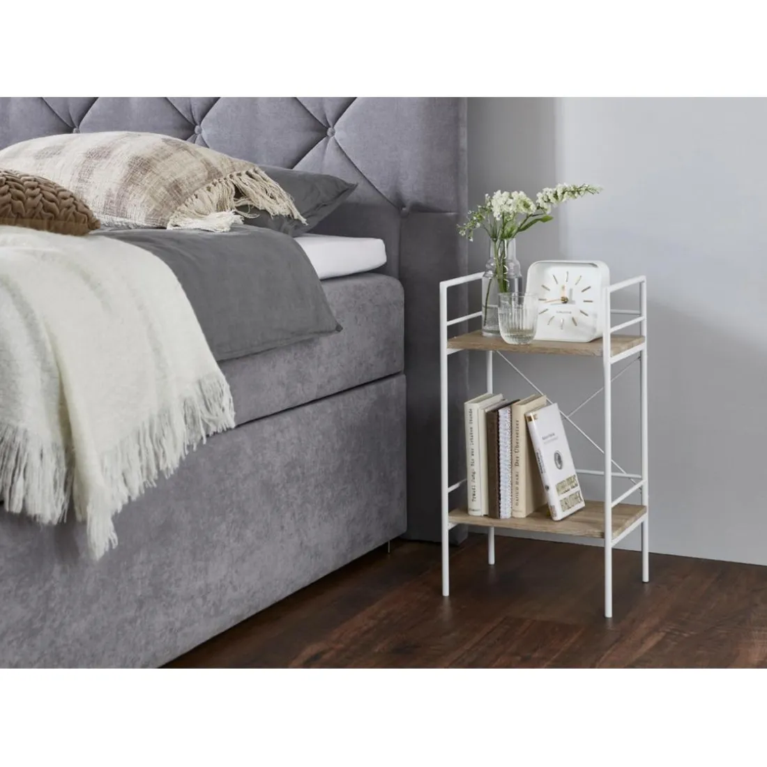 Table d'appoint Blanc avec 2 étages décor chêne clair et pieds en Métal