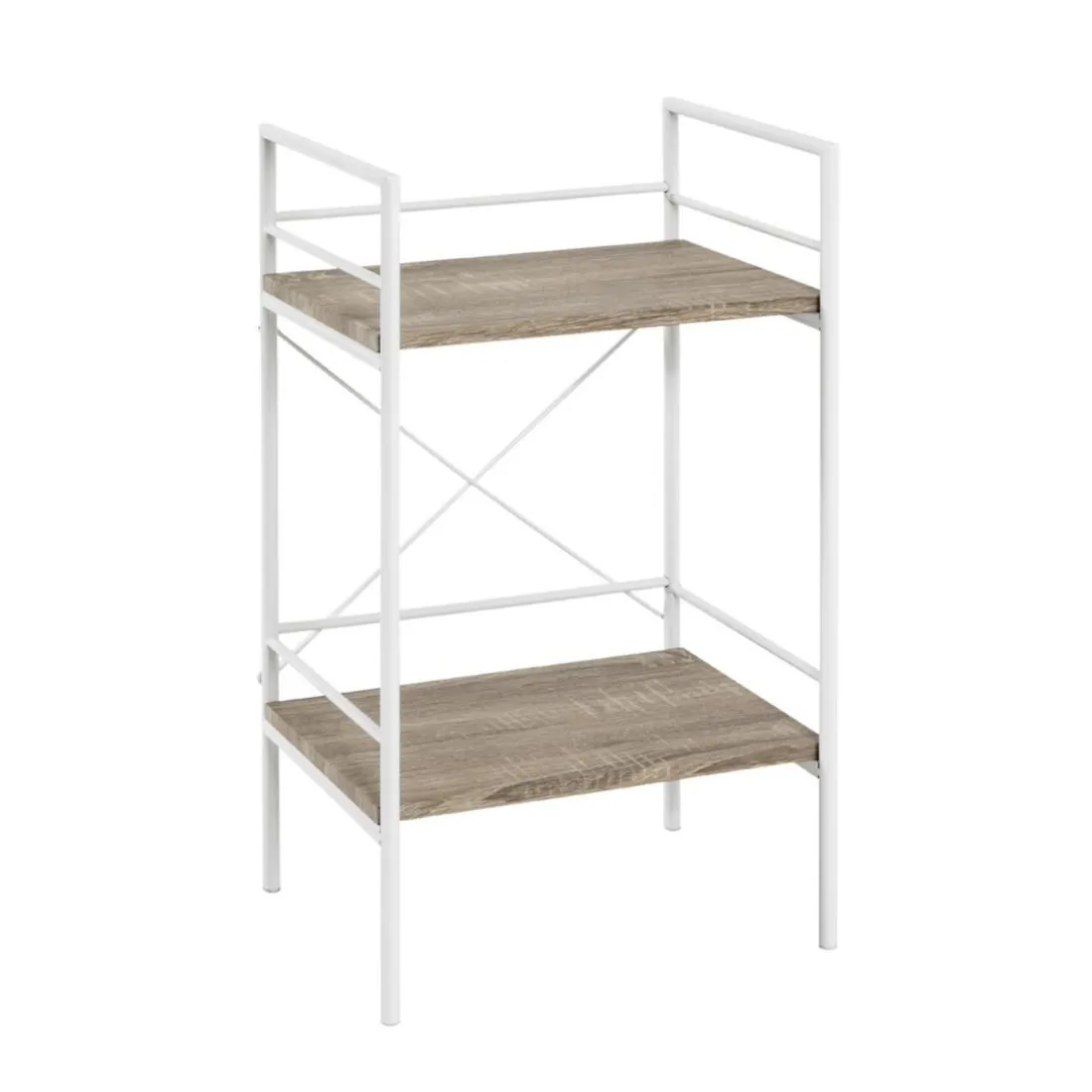 Table d'appoint Blanc avec 2 étages décor chêne clair et pieds en Métal