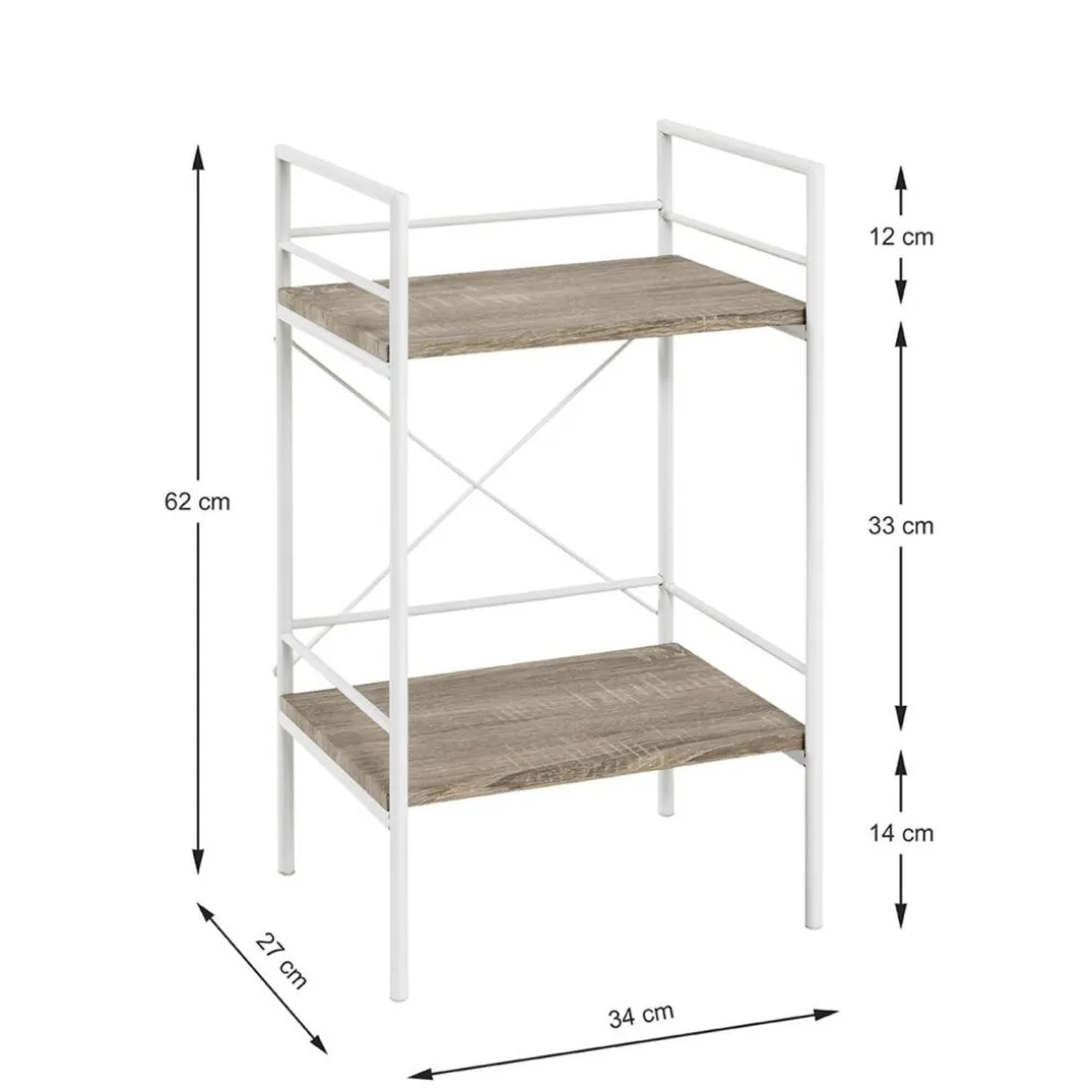Table d'appoint Blanc avec 2 étages décor chêne clair et pieds en Métal