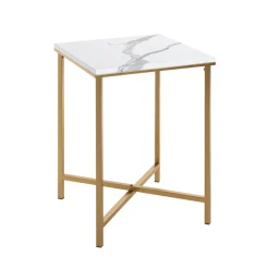 Table d'appoint carré en métal doré et plateau décor marbre
