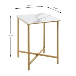 Table d'appoint carré en métal doré et plateau décor marbre