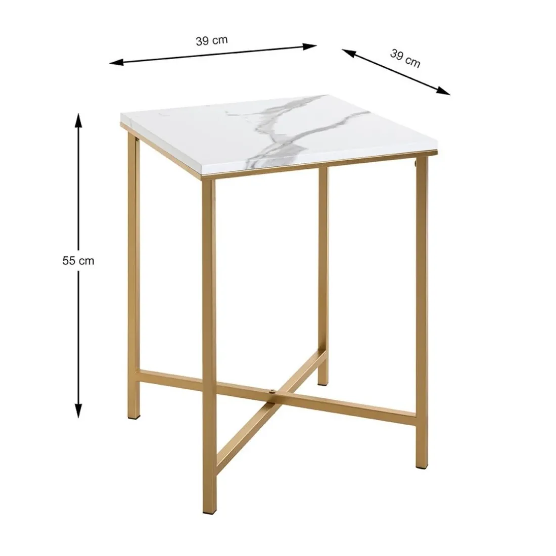 Table d'appoint carré en métal doré et plateau décor marbre