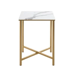 Table d'appoint carré en métal doré et plateau décor marbre