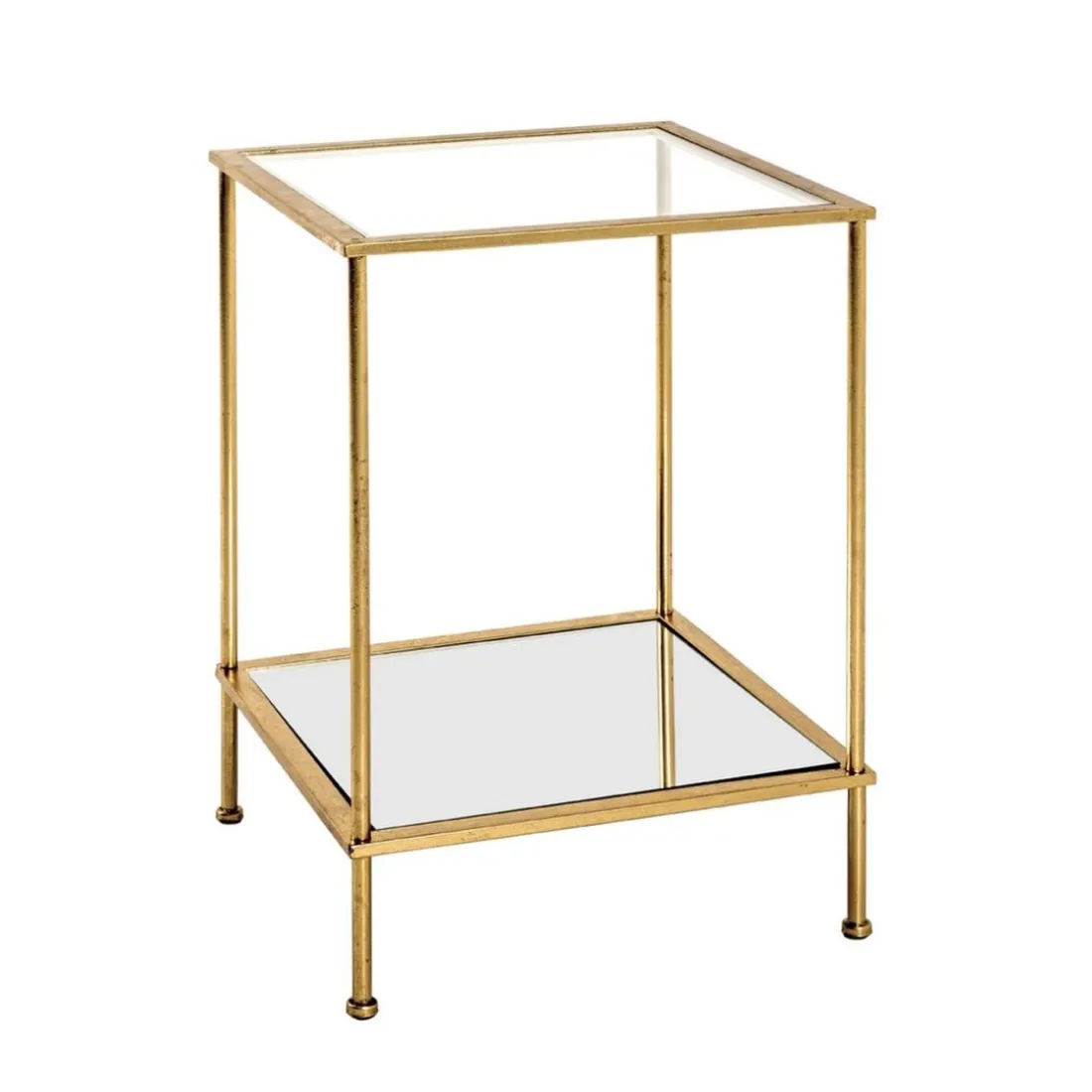 Table d'appoint carré en tube d'acier laqué or avec plateau de dessous en miroir et plateau de dessus en verre trempé transparent