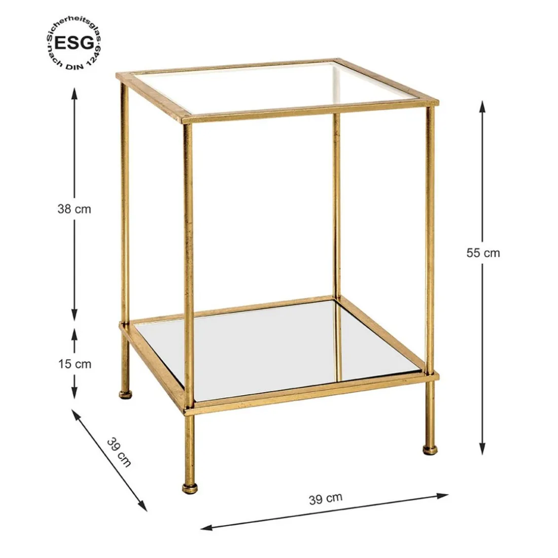 Table d'appoint carré en tube d'acier laqué or avec plateau de dessous en miroir et plateau de dessus en verre trempé transparent