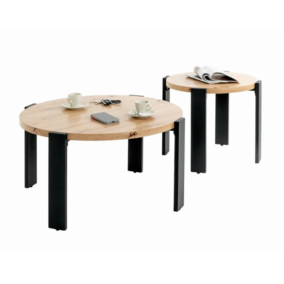 Table d’appoint en tube d'acier en noir, plateau en MDF décor chêne