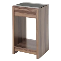 Table d'appoint finition noyer tiroir integré plateau verre trempé
