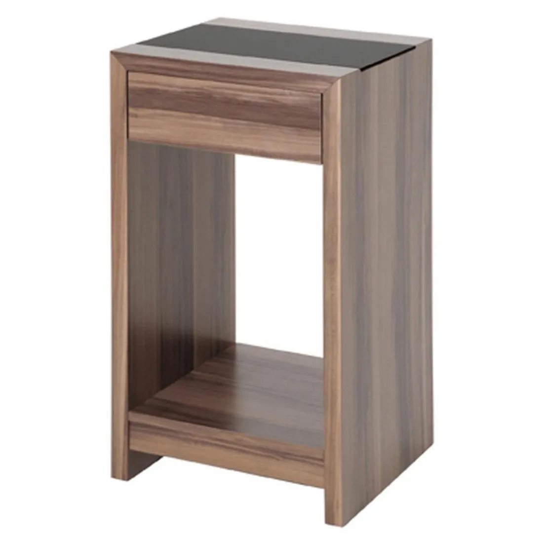 Table d'appoint finition noyer tiroir integré plateau verre trempé