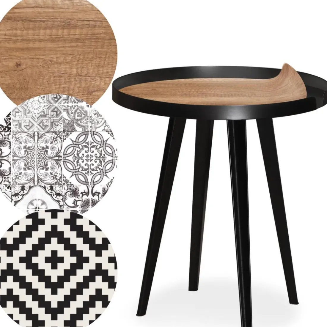 Table d'appoint magnétique ronde à rebord Bipolart Métal Noir avec 3 Tops style Natural