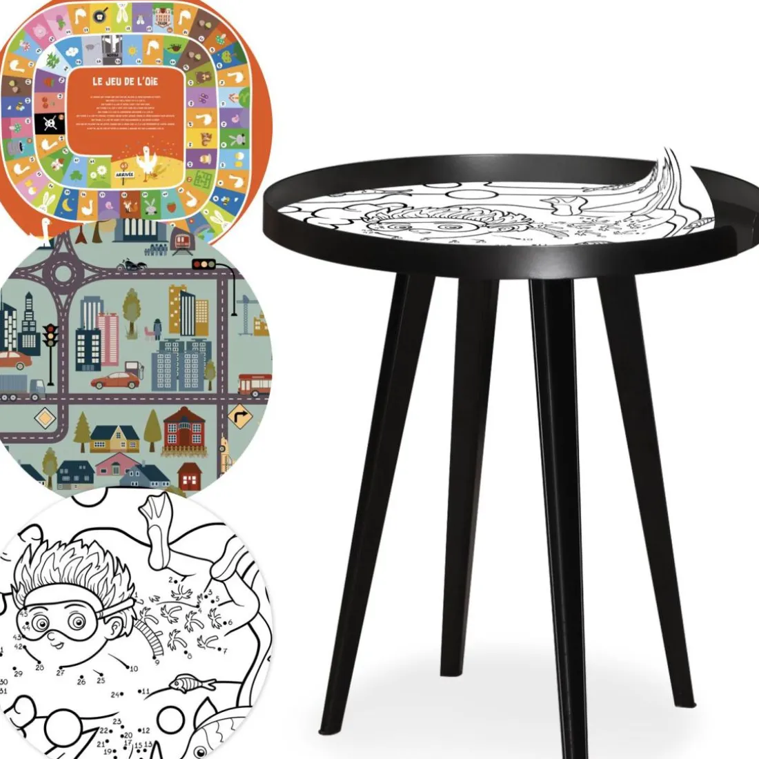Table d'appoint magnétique ronde à rebord Bipolart Métal Noir avec 3 Tops style Kid