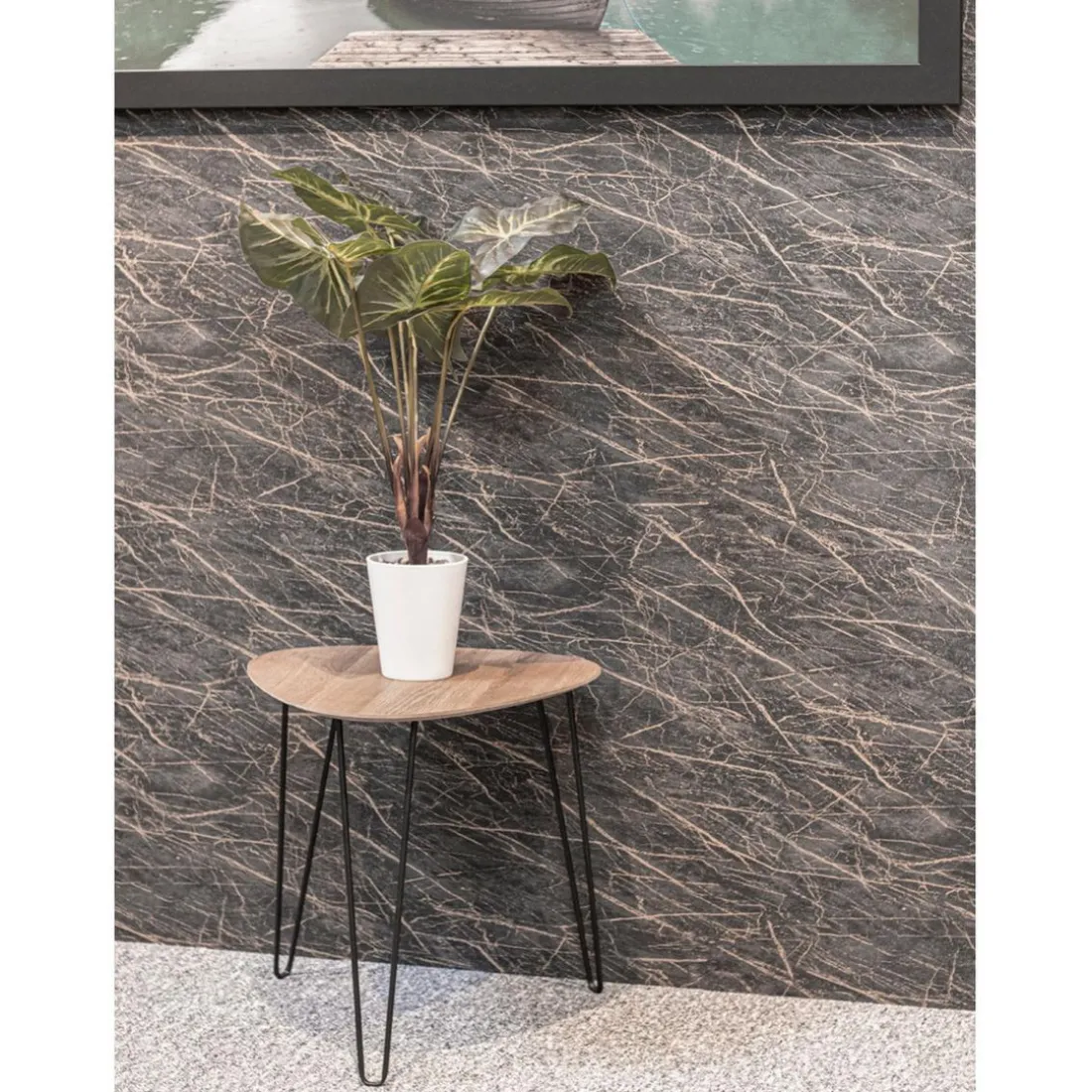 table d'appoint métal laqué noir décor chêne