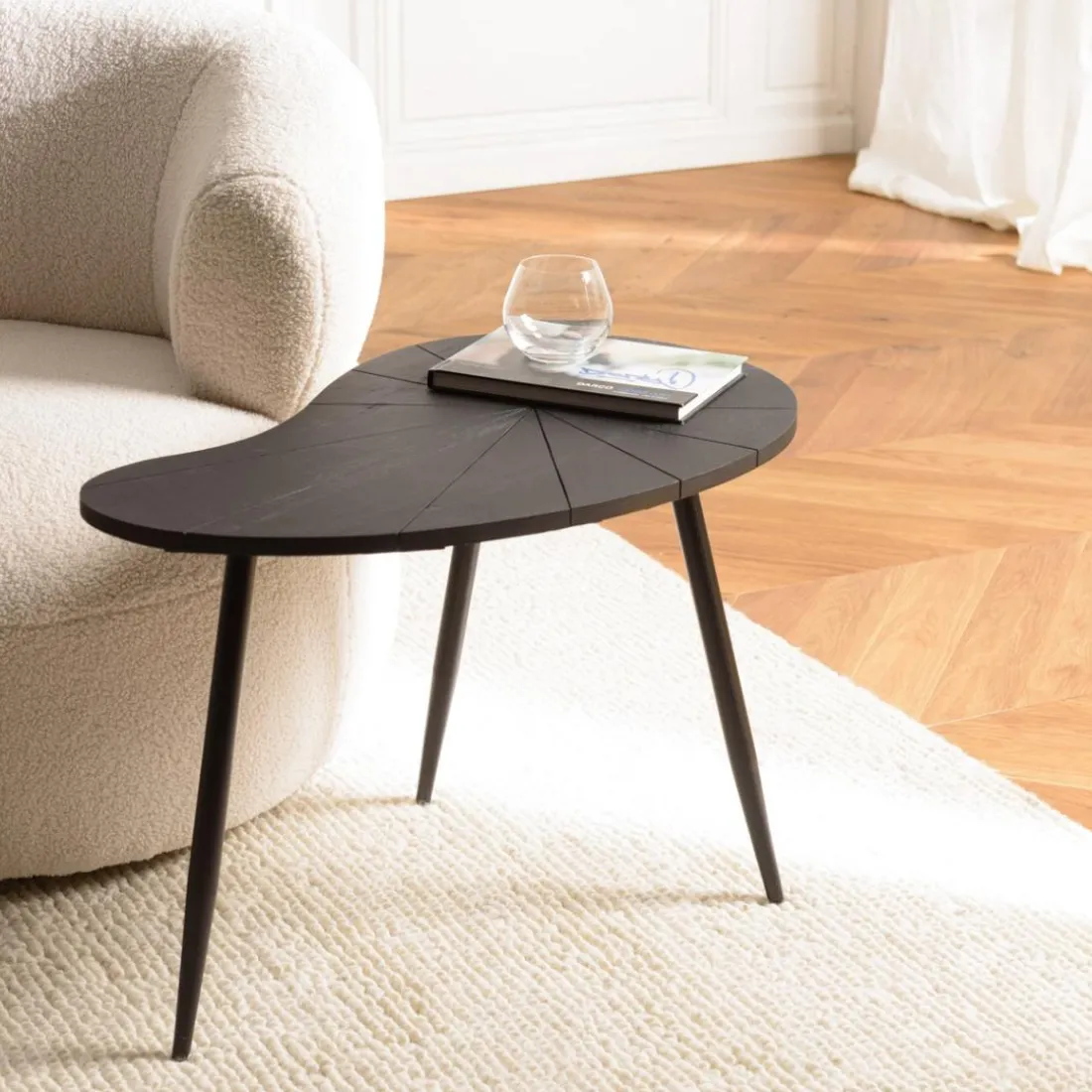 Table d’appoint ovoïde plateau texturé Noir mat et pieds Fer noir JAMES
