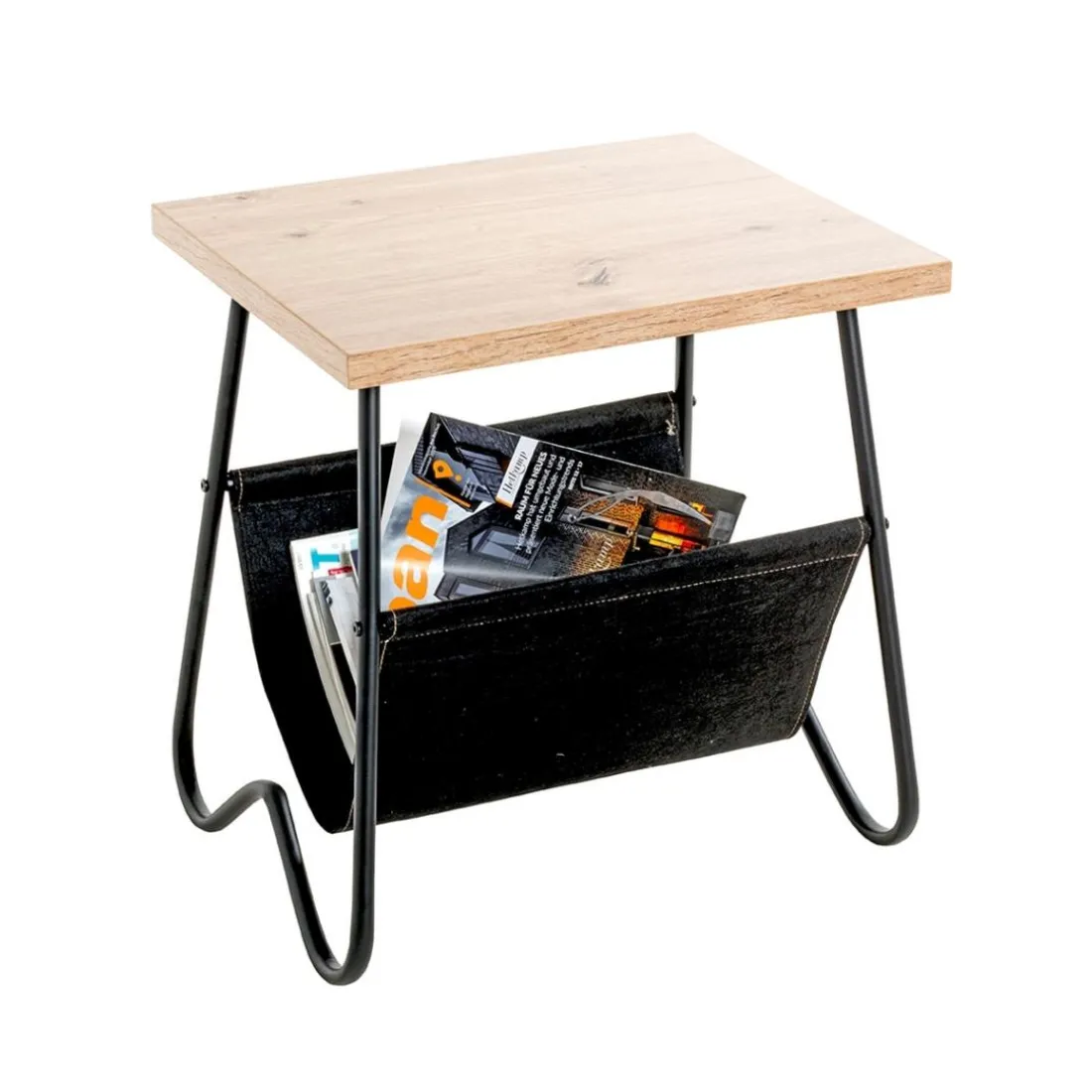Table d'appoint plateau décor chène porte journeaux textile