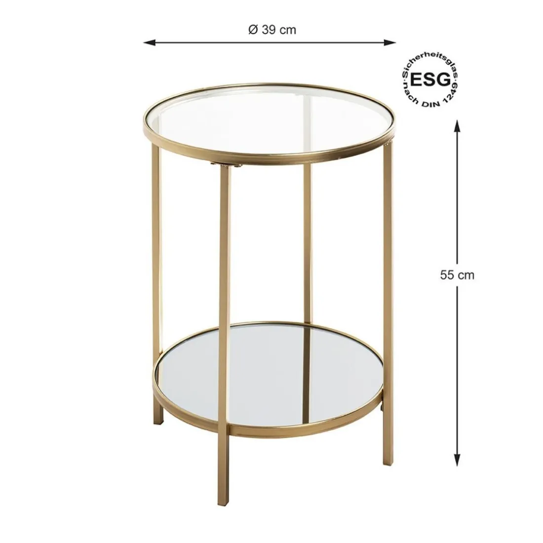 Table d'appoint ronde acier laqué d’or et plateaux miroir et verre trempé