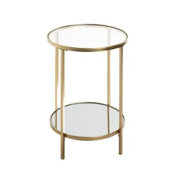 Table d'appoint ronde acier laqué d’or et plateaux miroir et verre trempé