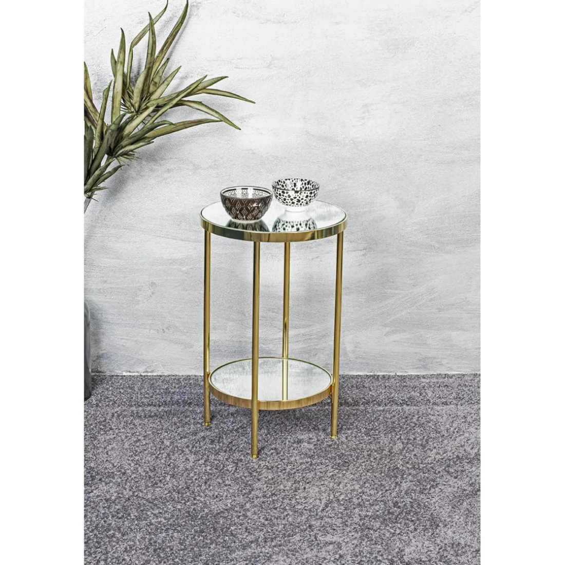 Table d'appoint ronde avec étagères en verre miroir