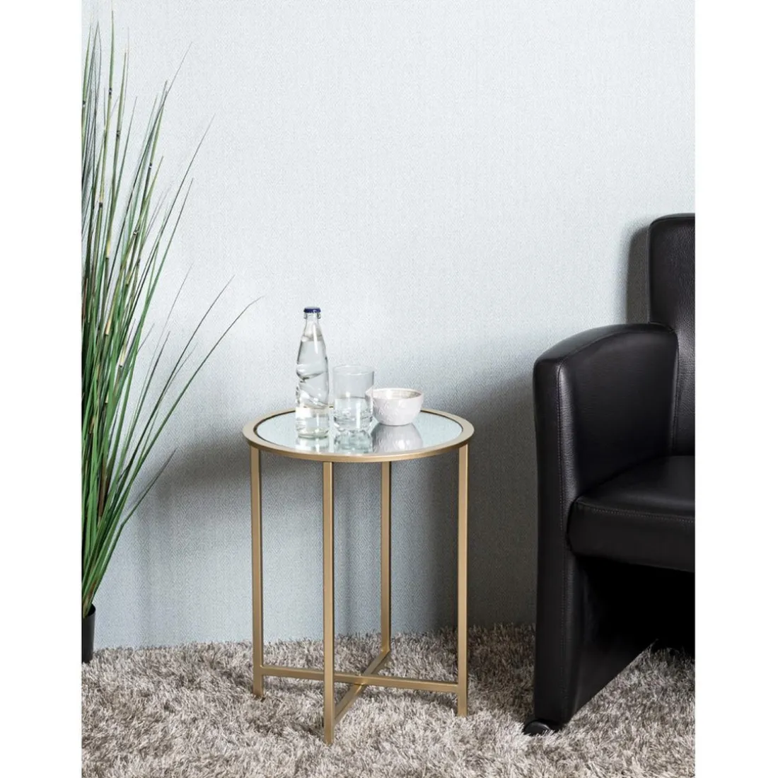 Table d'appoint ronde Dorée en Métal laqué et plateau en miroir