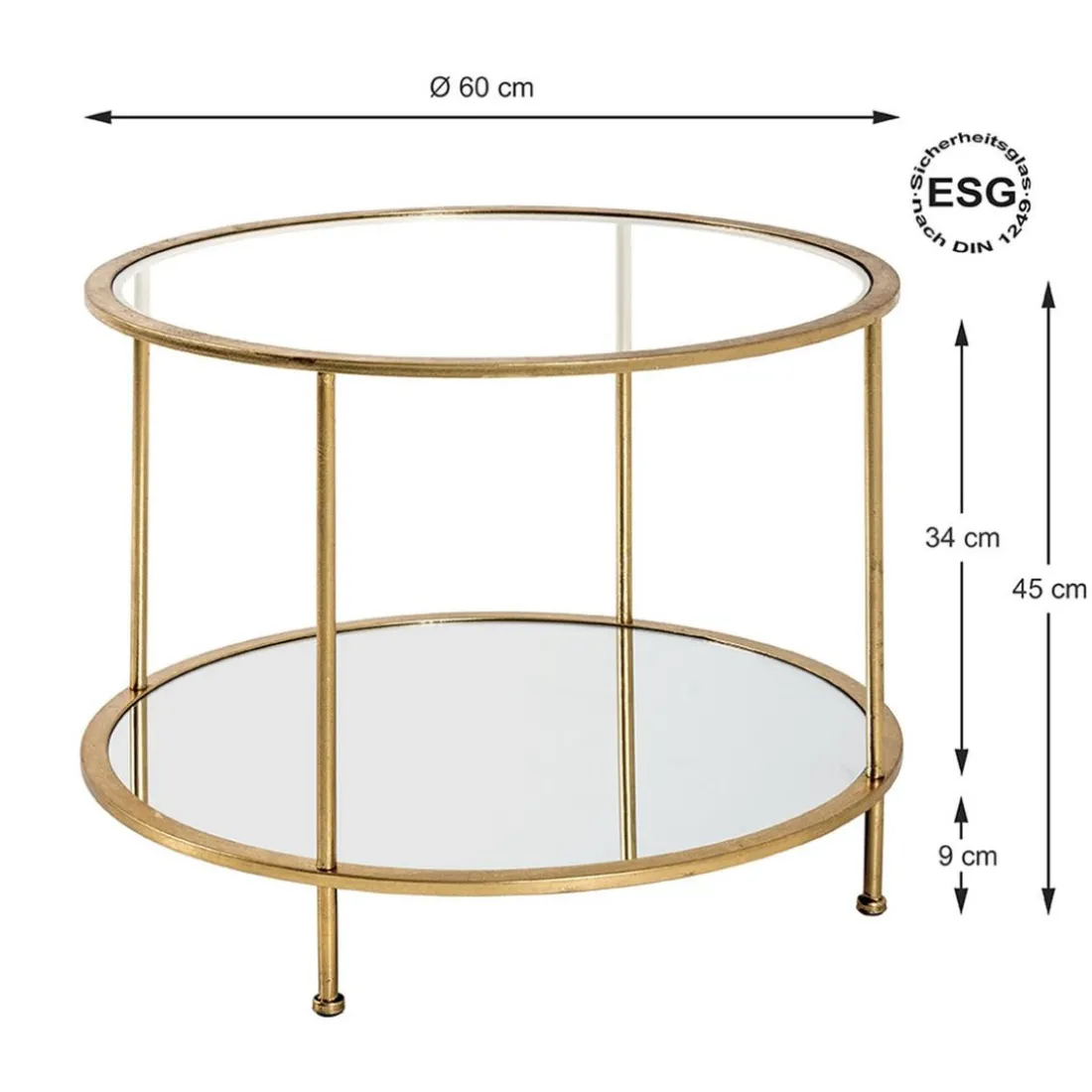 Table d'appoint ronde en tube d'acier laqué or avec plateau de dessous en miroir et plateau de dessus en verre trempé transparent