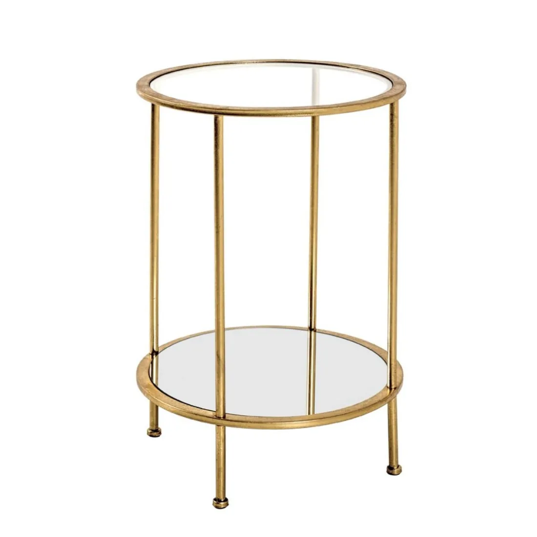 Table d'appoint ronde Tube d'acier laqué or avec plateau du dessous en miroir et plateau du dessus en verre trempé transparent