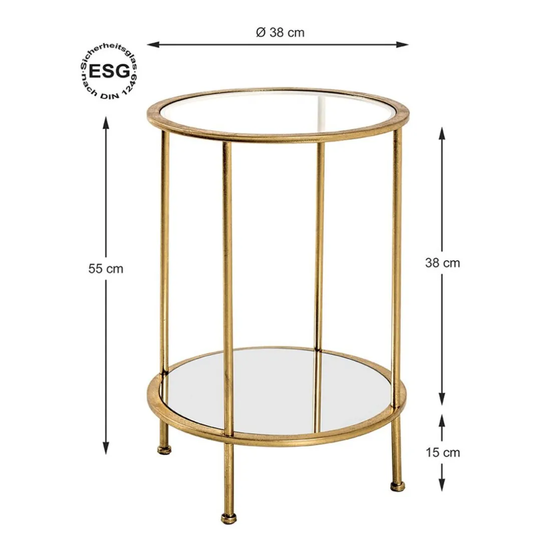 Table d'appoint ronde Tube d'acier laqué or avec plateau du dessous en miroir et plateau du dessus en verre trempé transparent