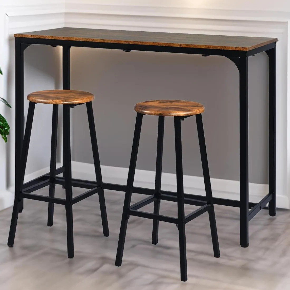 Table de bar style industriel avec ses 2 tabourets Jostin Bois et Métal Noir