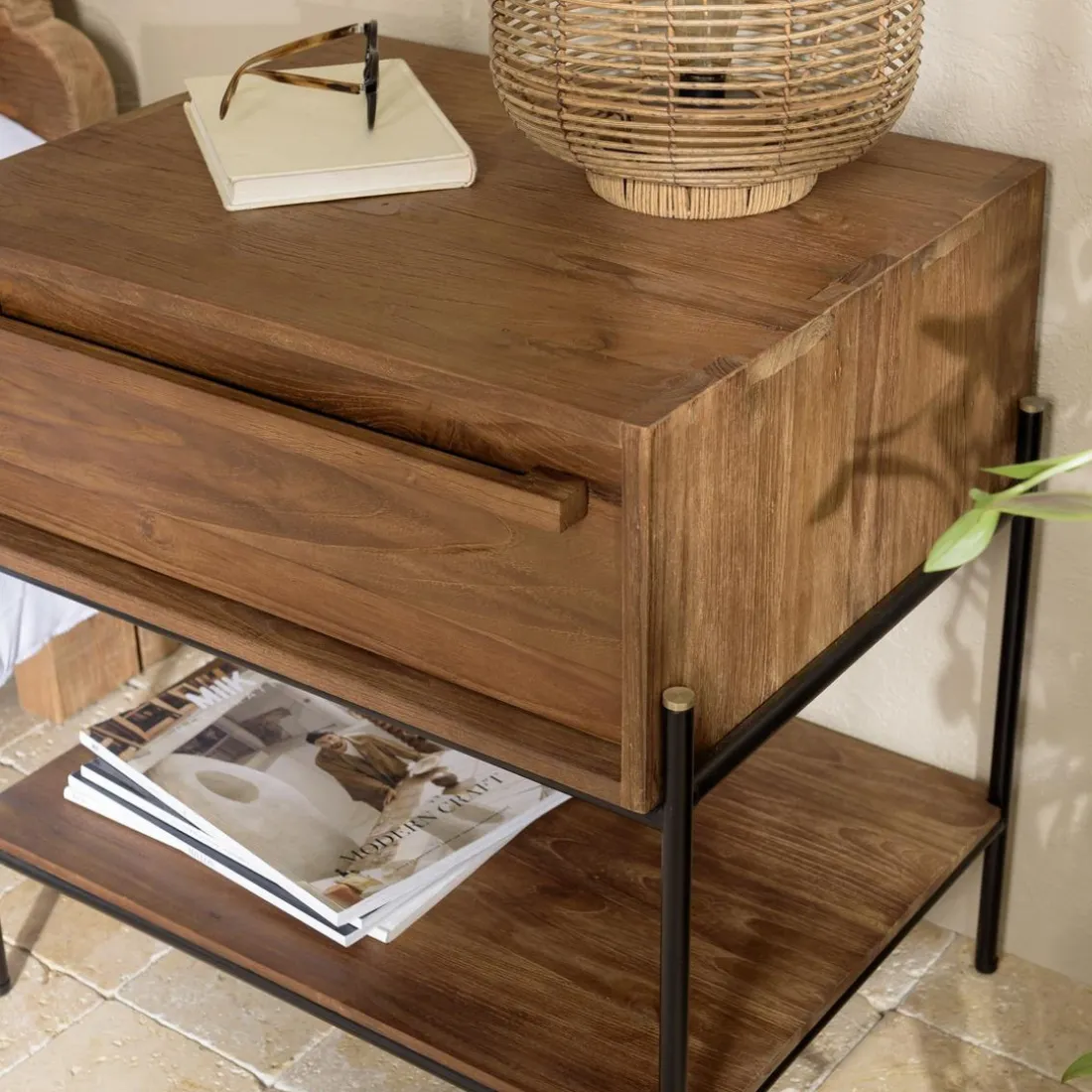Table de chevet 1 niche bois de teck recyclé