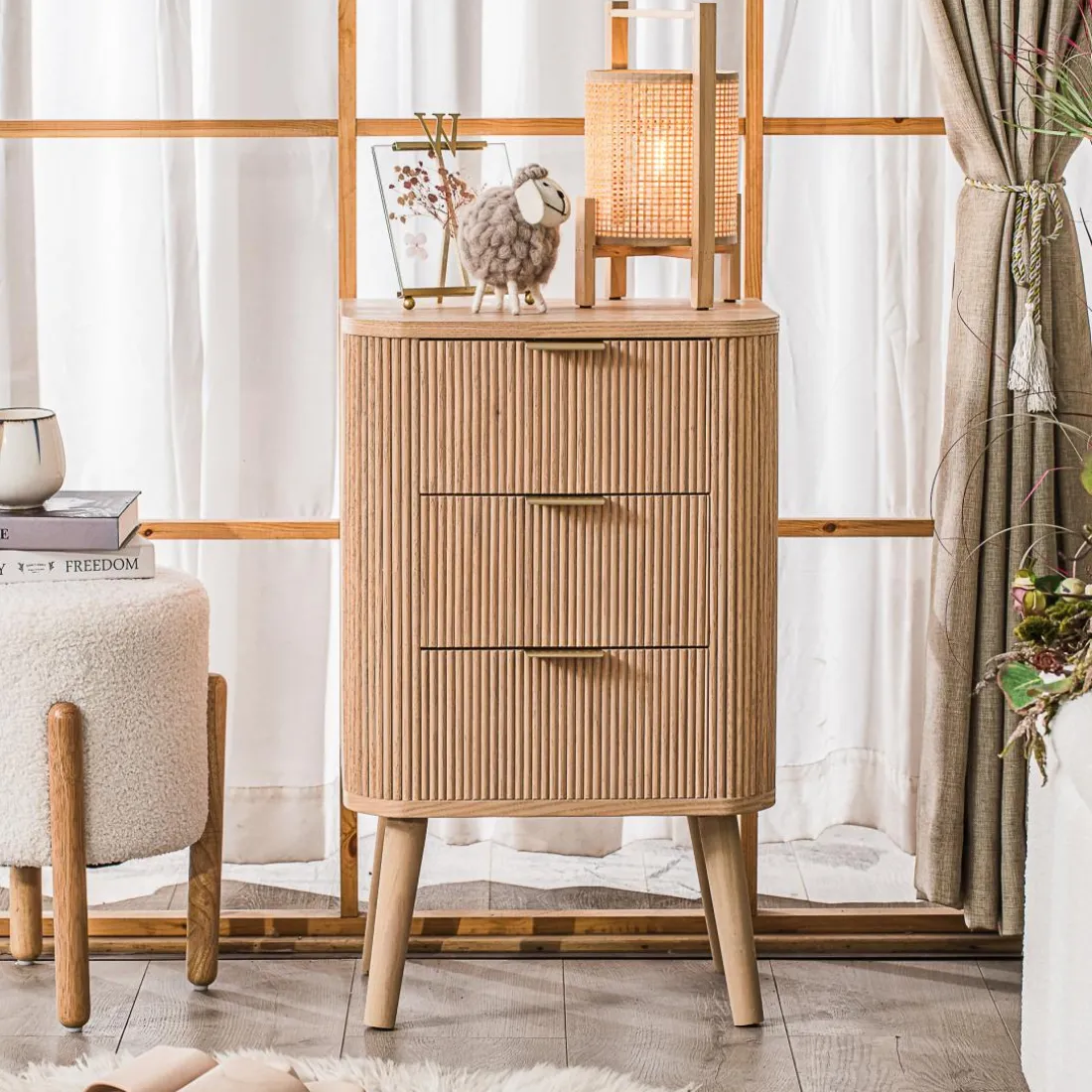 Table de Chevet Chiffonnier 3 Tiroirs Naturel en Bois