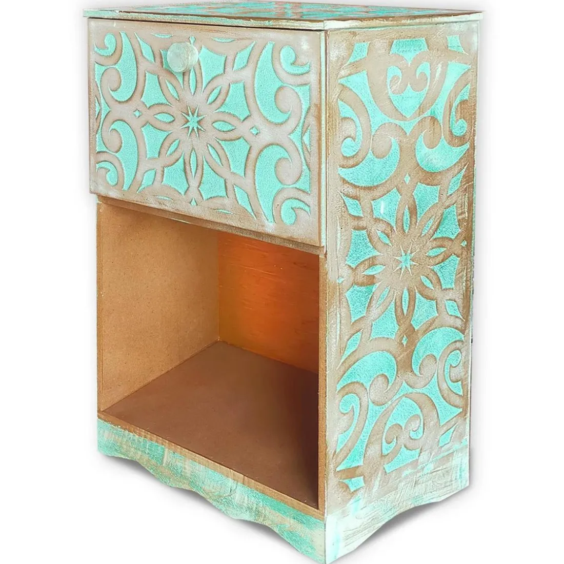 Table de chevet style oriental bois sculpté 1 porte Monbolyto Bois Vert