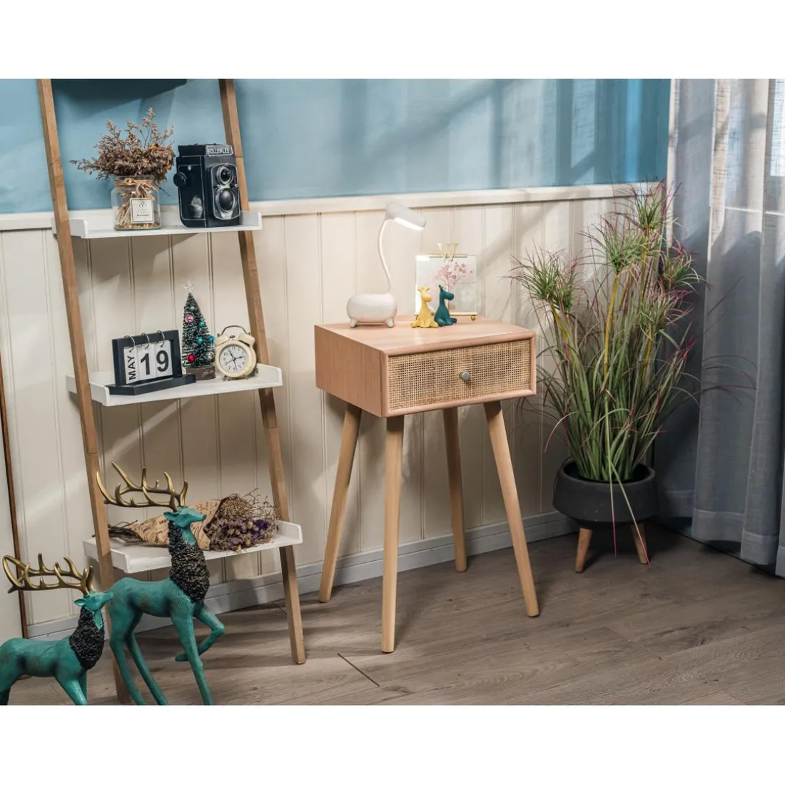 Table de chevet/appoint scandinave en bois tiroir Cannage Rotin Marron