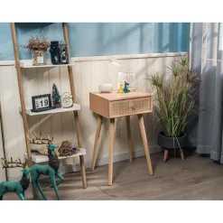 Table de chevet/appoint scandinave en bois tiroir Cannage Rotin Marron