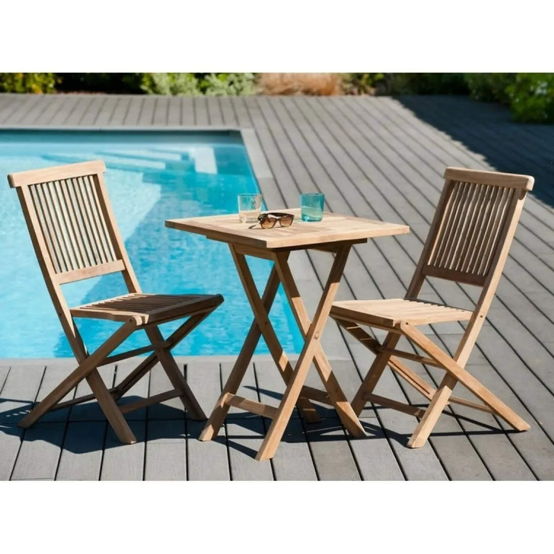 Table de jardin 2 personnes, carrée pliante 60 x 60 cm en bois Teck