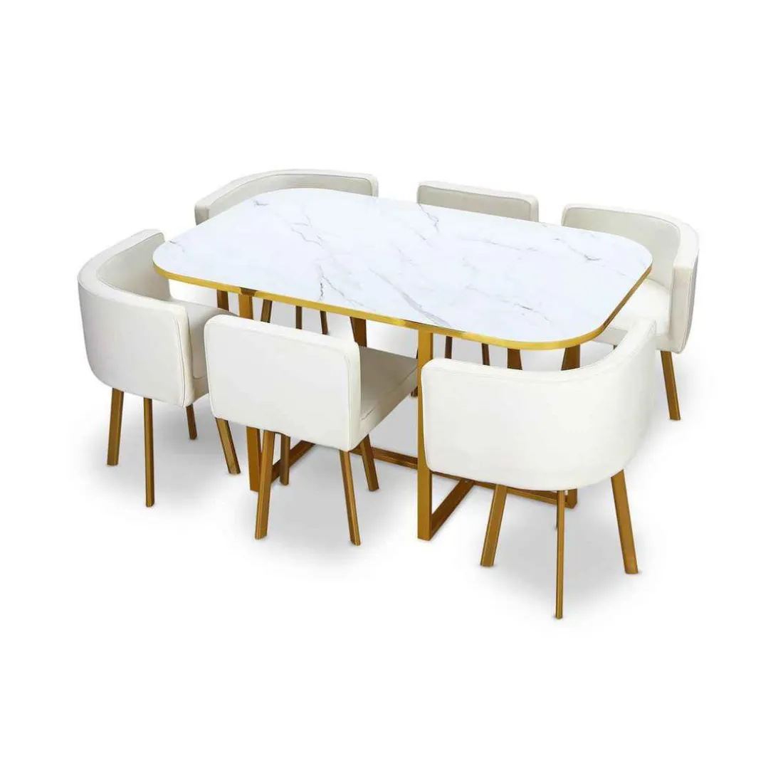Table Et Chaises OSLO XL Or Effet Marbre Blanc et Simili Blanc