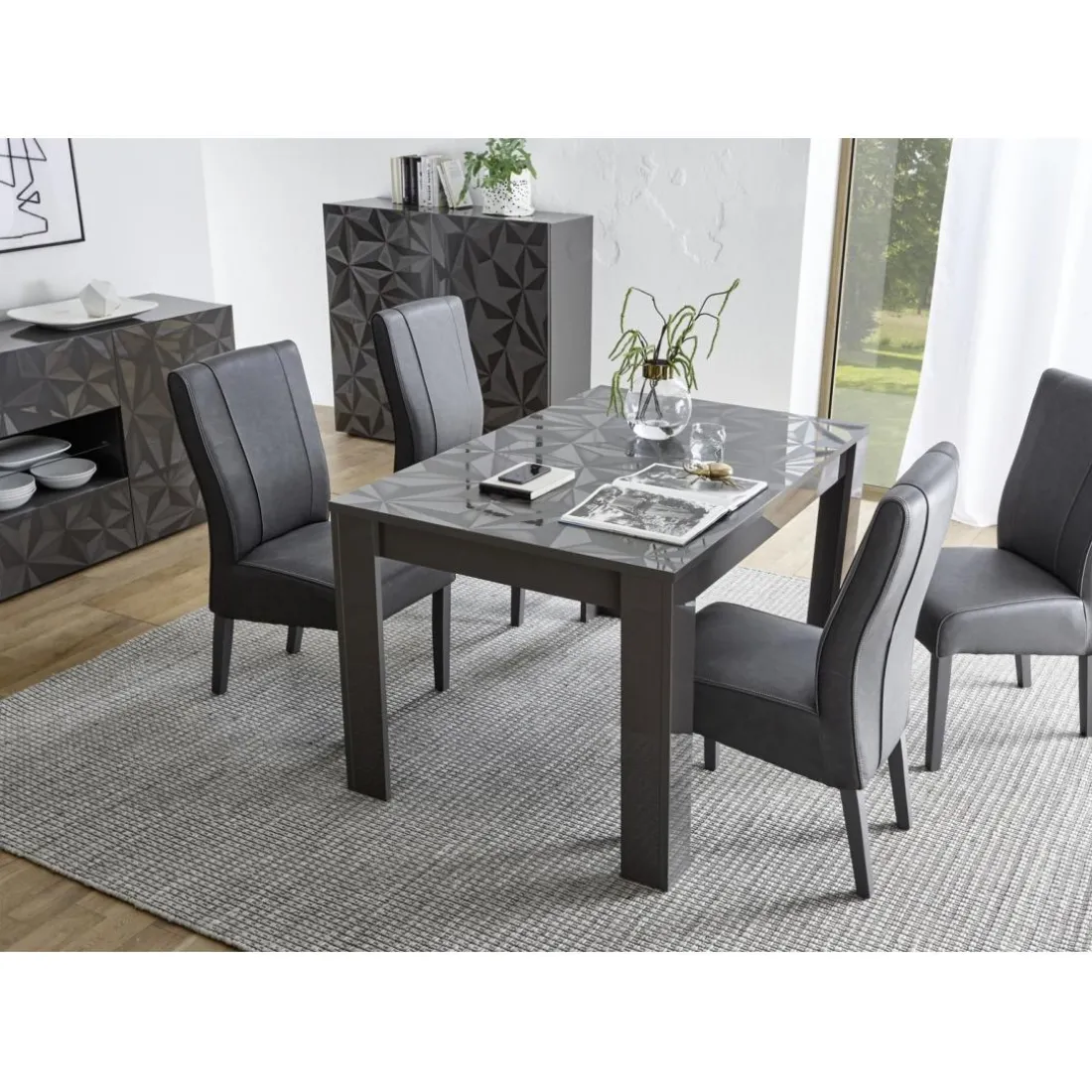 Table extensible 137x90cm PRISMA laqué anthracite brillant