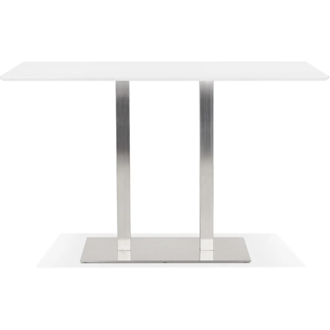 Table haute design blanche avec pied en métal brossé